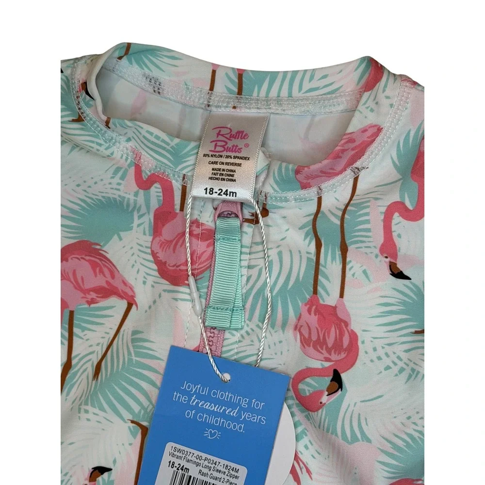RuffleButts Girls Flamingo Long Sleeve Rash Guard‎ Swim Top UPF 50+ 18-24M NWT